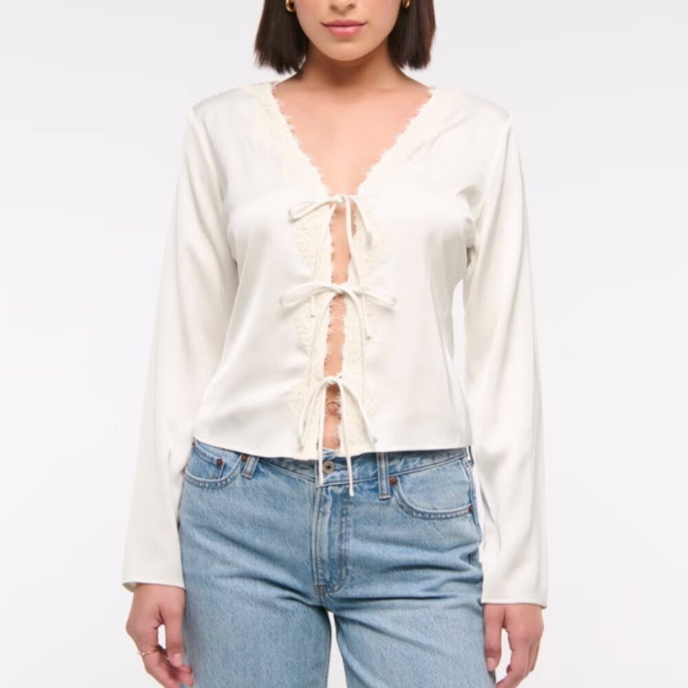 Abercrombie and Fitch Long-Sleeve Lace-Trim Tie-Front Top in Cream (Size M)